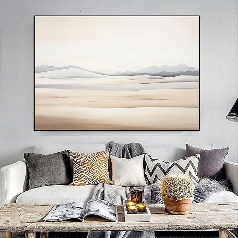 Handmade Earthy Abstract sky painting Wall Art Large Canvas mountain Painting Neutral White Beige BlackBlue /Gray landscape oil painting Modern Minimalist artwork Horizontal Home Decor3