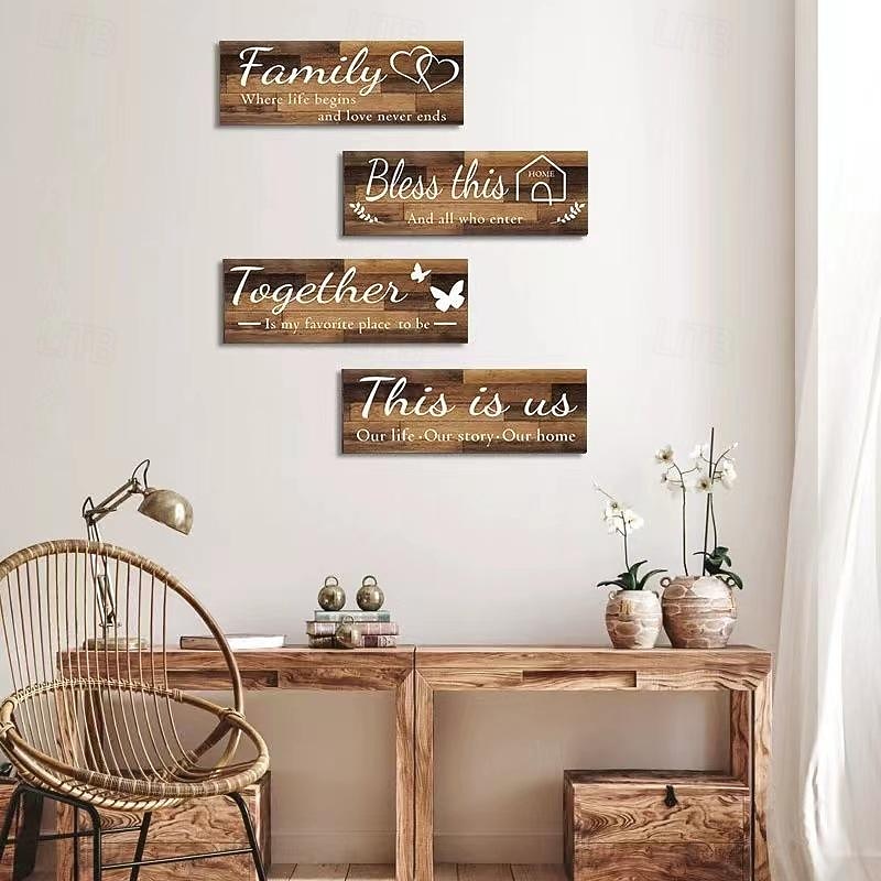4pcs/set Home Wall Signs THIS IS US TOGETHER BLESS THIS HOME FAMILY Wall Decor For Living Room Bedroom Including Tape