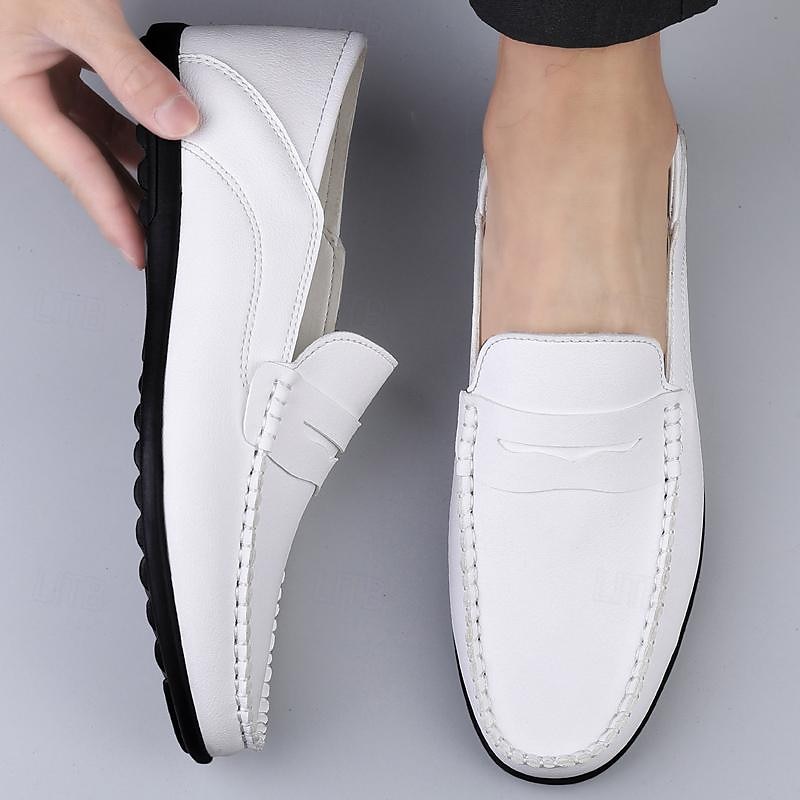 Men's White Faux Leather Loafers – Casual Slip-On Driving Shoes for Business & Summer Wear3
