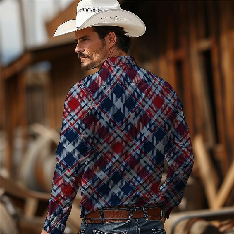 Men's Plaid / Check Western Shirt Cowboy Shirt Long Sleeve Vintage Western Style Tribal Outdoor Vacation Horse Race Spring & Summer Turndown Print Button-Down Red Blue Green3