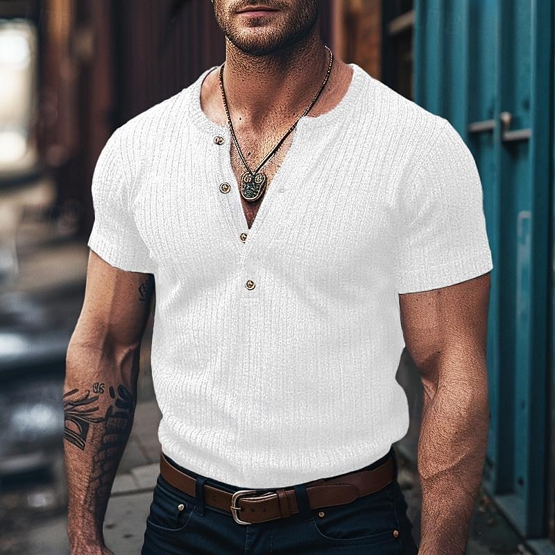 Men's Henley Shirt Muscle Shirt Ribbed Knit tee Tee Top Short Sleeves Plain Pit Strip Fashion Designer Basic Henley Vacation Street Going out Summer White Blue Dark Gray Henley T-Shirt2