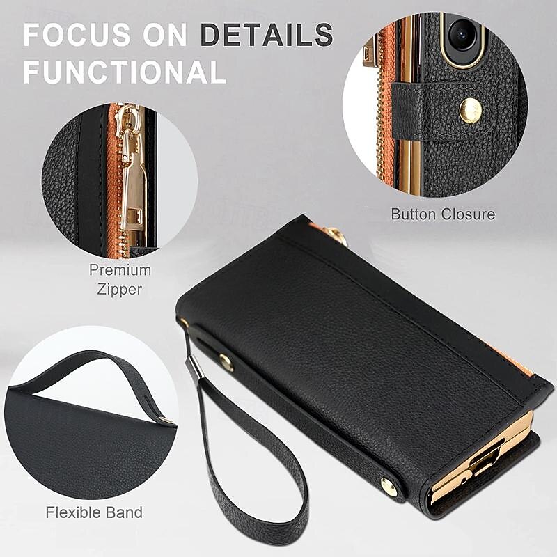 Phone Case For Samsung Galaxy Z Fold 6 Z Fold 5 Z Fold 4 Z Fold 3 Wallet Case Zipper Full Body Protective with Wrist Strap Retro PC PU Leather4