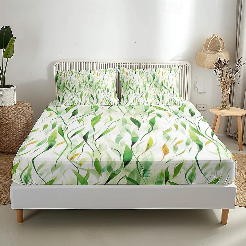 Leaves Pattern Fitted Sheet Set 100% Cotton Ultra Soft Breathable Silky  Bed Sheets Deep Pocket Bedding Sheets 3 Piece Queen King Size4