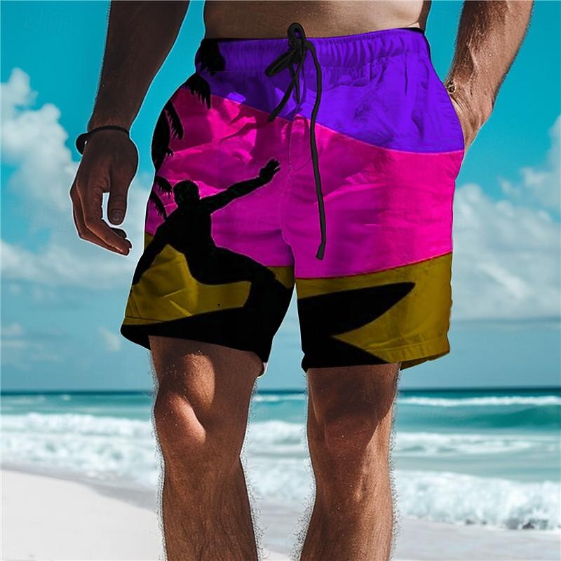 Men's Color Block Swim Trunks Swim Shorts Board Shorts Mid Waist Vacation Hawaiian Holiday Vacation Holiday Beach Drawstring with Mesh lining Elastic Waist Designer Clothing Apparel3