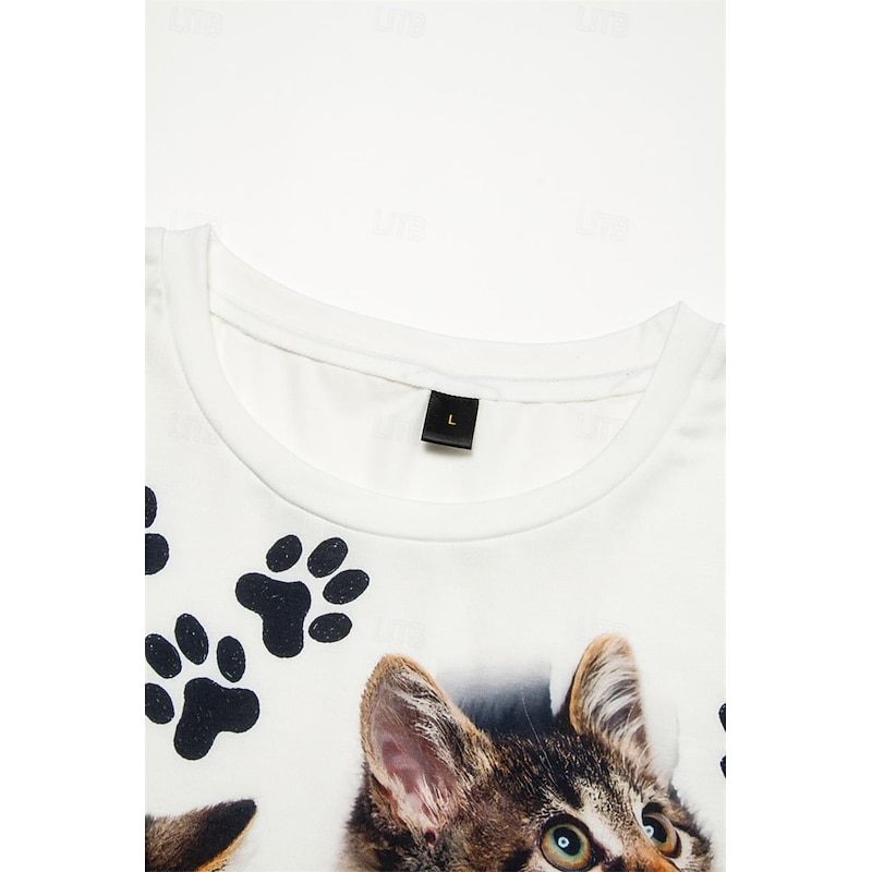 Women's T Shirt Basic Cat Print Short Sleeve Regular Tops Round Neck Casual Weekend White4