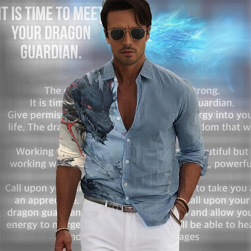 Men's Dragon Button Up Shirt Printed Shirts Long Sleeve Hawaiian Resort Vacation Going out Beach Spring & Summer Turndown Print Button-Down Pink Blue