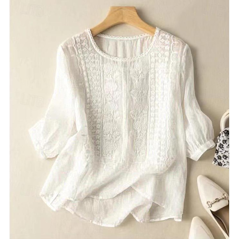 Women's Shirt Blouse Long Cotton Top White Cotton Top Floral Casual Half Sleeve Round Neck Regular Tops Going out Embroidered White Yellow Purple Khaki4