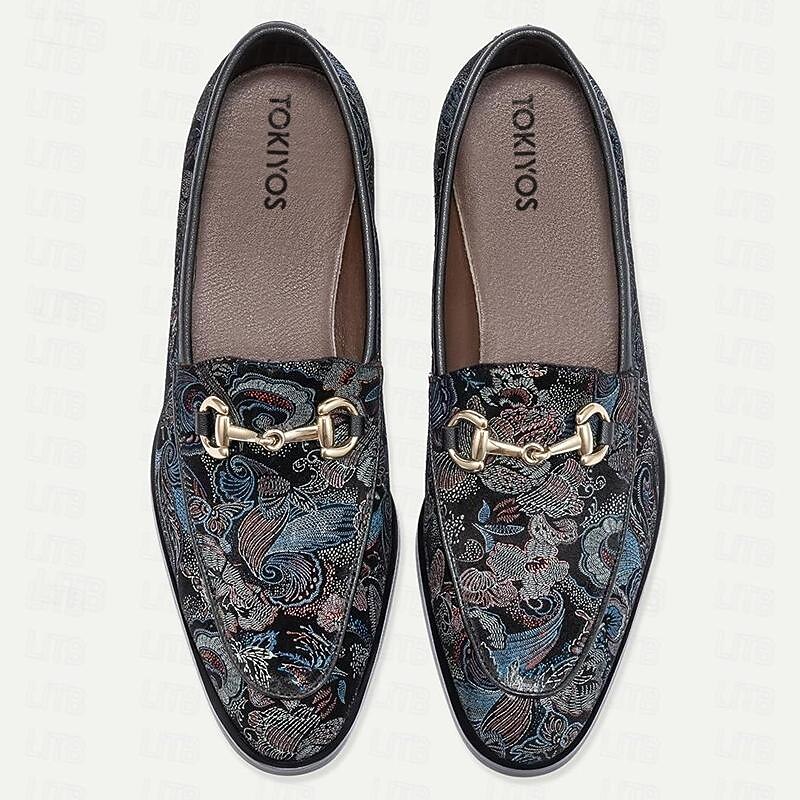Men's Black Leather Loafers Floral Embroidered Chain2