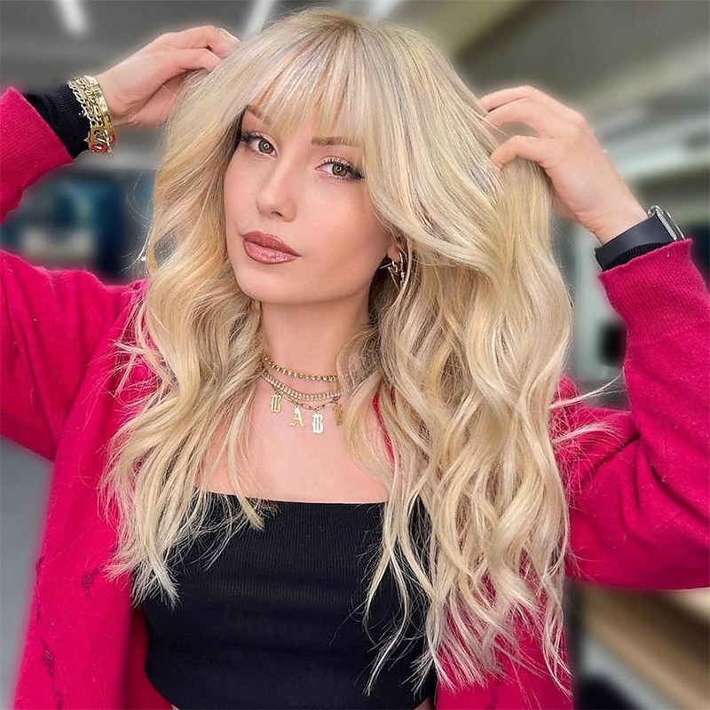 Blonde Wigs for Women Blonde Wig with Bangs Long Wavy Curly Wigs Natural Looking Synthetic Heat Resistant Fiber Wig for Daily Party Use