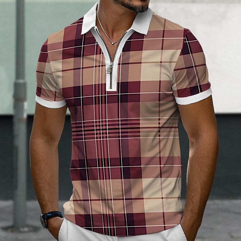 Men's Plaid Zip Polo Shirts Golf Shirt Short Sleeve Polo Shirts Collared Shirts Casual Vacation Wear Formal Wear Festival Wear 3D Print Quarter Zip Polo Summer Wine Purple3