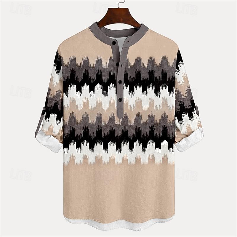 Men's Geometry Shirt Linen Shirt Summer Hawaiian Shirt Long Sleeve Tribal Vacation Daily Wear Going out Spring &  Fall Stand Collar Buttons Print Khaki2