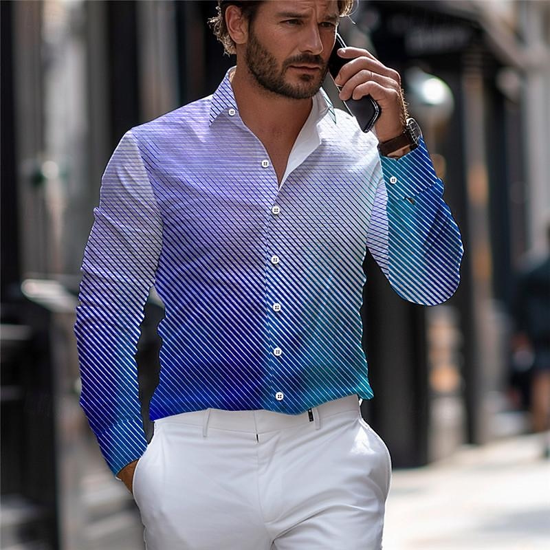 Men's Dress Shirt Printed Shirts Stripe Street Wear to work Blue Purple Long Sleeve Turndown Spring & Summer Clothing Apparel Print4