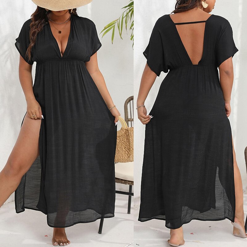 Women's Beach Dresses Open Back Beach Wear Holiday Short Sleeves Black Color2