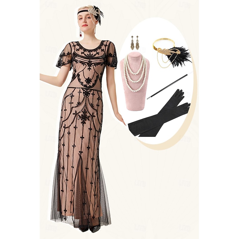 Retro Vintage Roaring 20s 1920s Flapper Dress Outfits Cocktail Dress The Great Gatsby Flapper Girl Wedding Guest Sequins Fancy Dress Women's Wedding Wedding Guest Party / Evening Adults' Dress Gloves