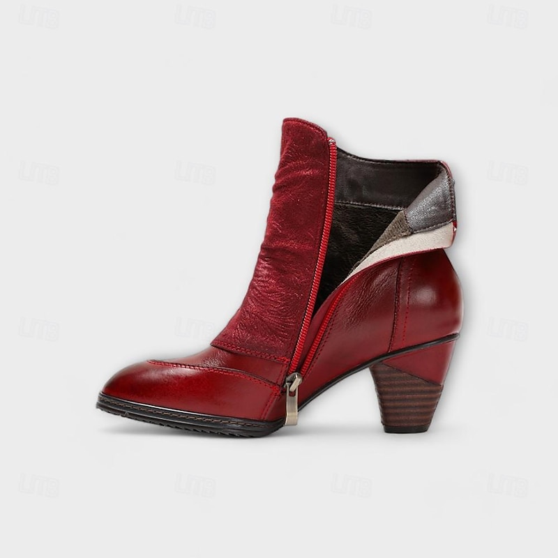 Women's Vintage Red Leather Ankle Boots – Premium Cowhide with Floral Button Accents and Chunky Heel for Retro Style and Everyday Wear4