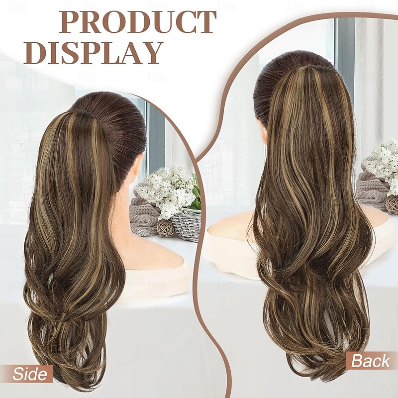 Ponytail Extensions Chocolate Brown with Highlights Long Drawstring Wavy Clip in Ponytail Hair Extensions Layered Synthetic Hairpiece for Women3