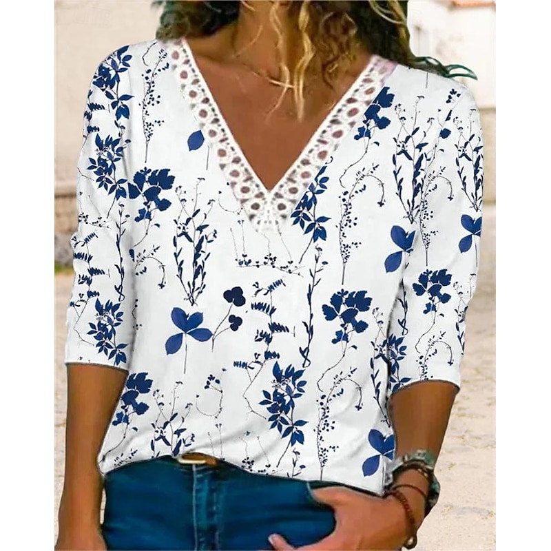 Women's Shirt Lace Shirt Blouse Fashion Floral Lace Print Long Sleeve Regular Tops V Neck Casual Holiday Pink Blue Light Blue Spring &  Fall3