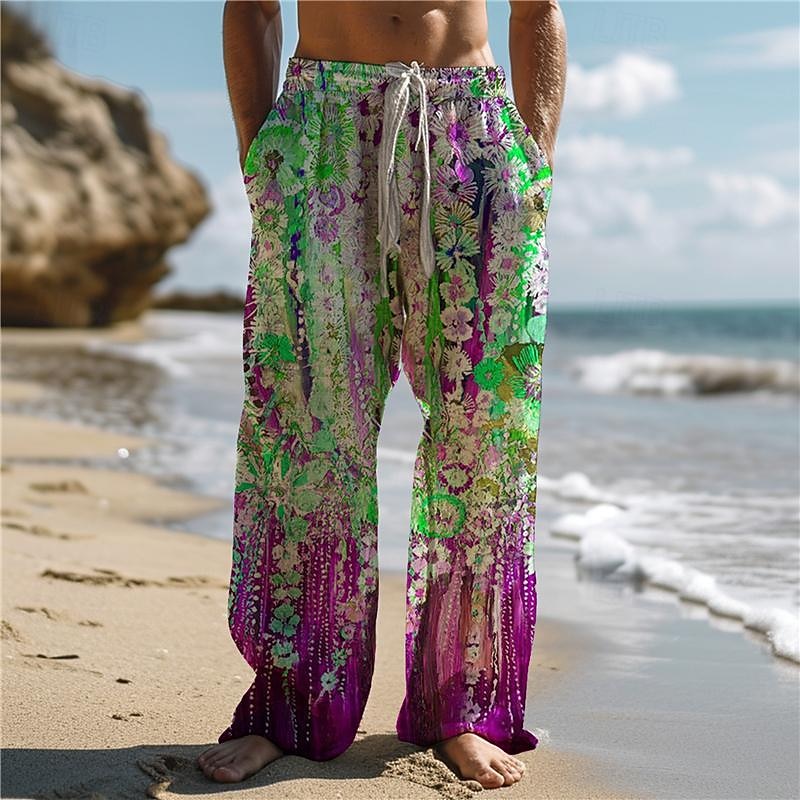 Men's Hawaiian Floral Pants 3D Print Straight Leg Trousers Mid Waist Drawstring Elastic Waist Outdoor Street Holiday Summer Spring Fall Relaxed Fit Micro-elastic4