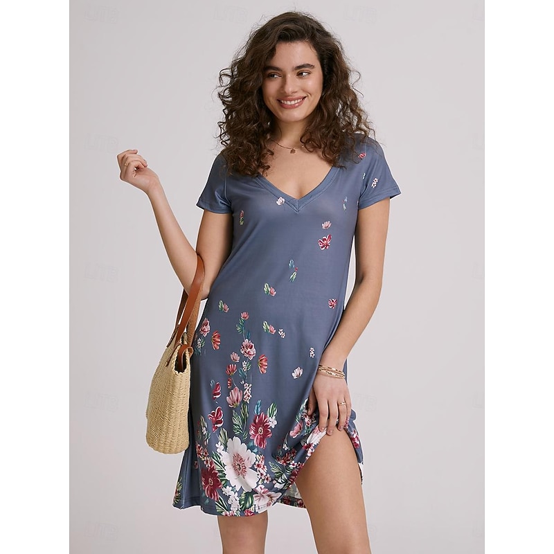 Women's Mini Dress Casual Dress Petite Dress T Shirt Dress Tee Dress Sundress Basic Outdoor Vacation Birthday Regular Fit Floral Short Sleeve V Neck Light Blue White Light Green Red Summer4