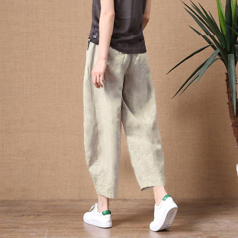 Women's Cotton Linen Pants Pants Trousers Casual Daily Ankle-Length Plain Side Pockets Breathability Comfortable Inelastic Going out Weekend Black Wine Sky Blue Khaki Spring & Summer Regular Fit2