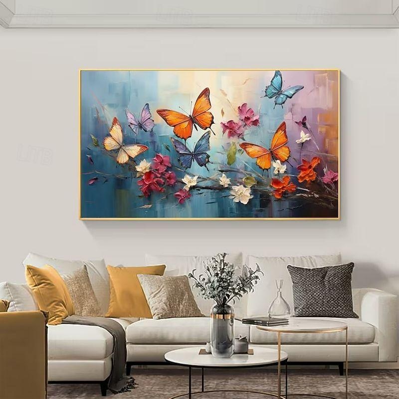 Handmade Oil Painting Canvas Wall Art Decoration 3D Palette Knife Butterfly Flowers for Home Decor Rolled Frameless Unstretched Painting