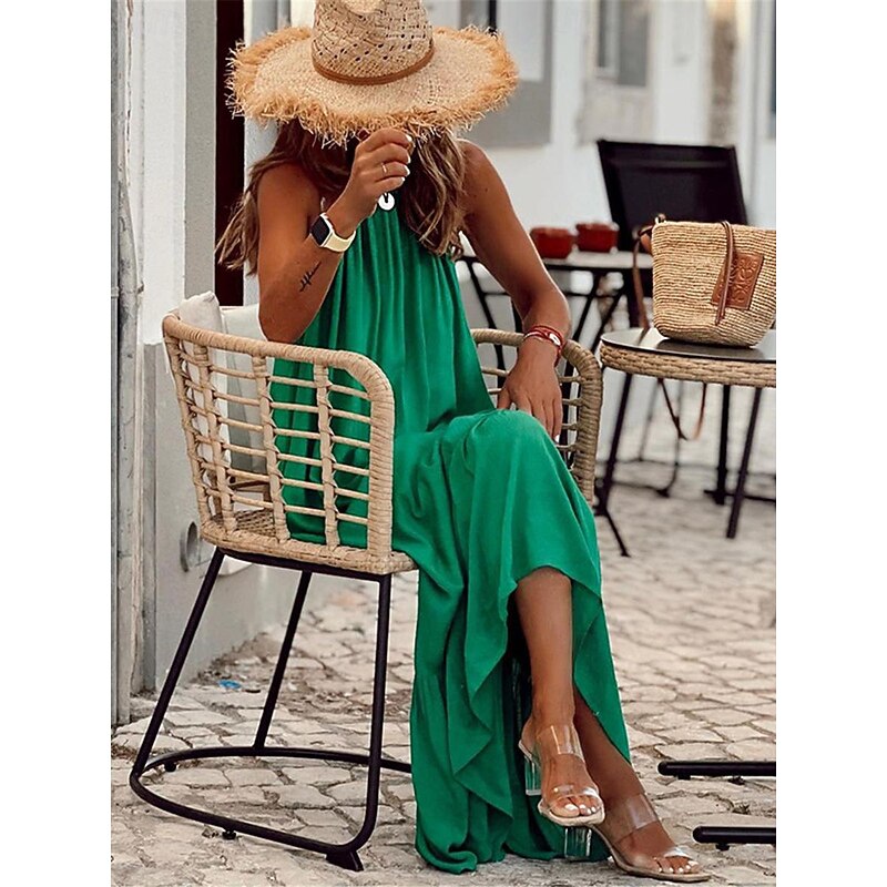 Women's Casual Dress Long Dress Maxi Dress Ruched Vacation Beach Streetwear Maxi Halter Neck Sleeveless Black Red Green Color4