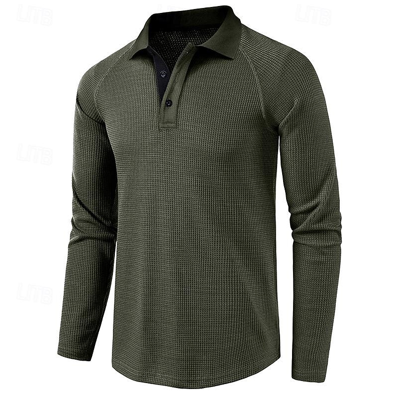Men's Golf Polo Waffle Knit Polo Shirt Business Casual Ribbed Polo Collar Long Sleeve Fashion Basic Solid Color Knitting Fall Winter Regular Fit Dark Grey Black Army Green Navy Blue Light Grey Golf4