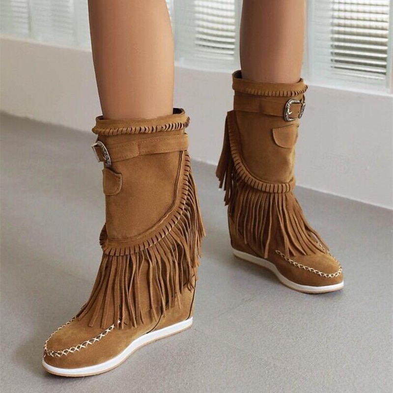 Women's Brown Fringe Wedge Boots – Faux Suede Mid-Calf Moccasin Style Boots for Fall Festivals, Parties, and Casual Outfits2