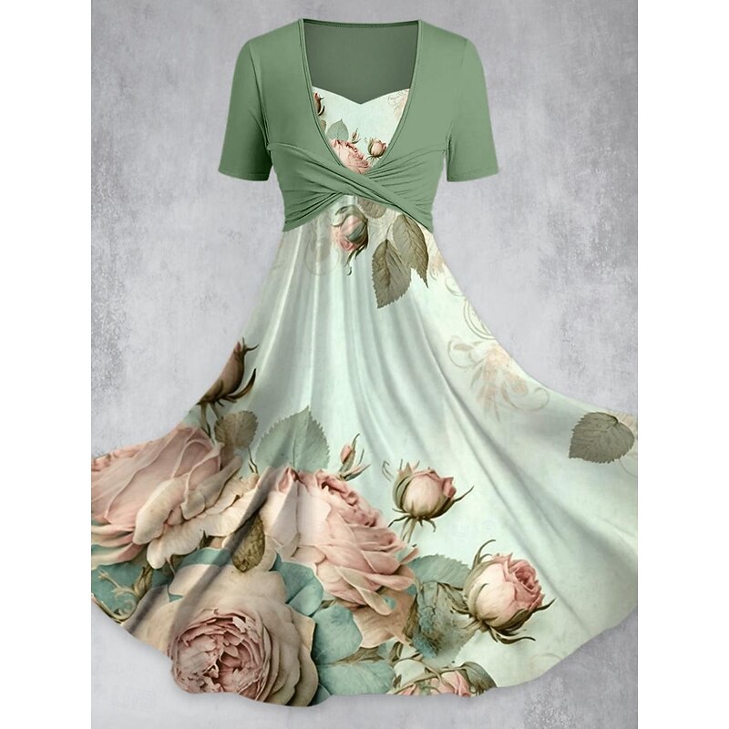 Women's Midi Dress Summer Dress Elegant Bohemia Vacation Date Loose Fit Graphic Short Sleeve V Neck Black Yellow Pink Brown Summer2