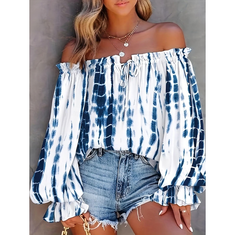 Women's Blouse Daily Stylish Color Block Bell Sleeve Long Sleeve Regular Tops Off Shoulder Holiday Independence Day White Spring