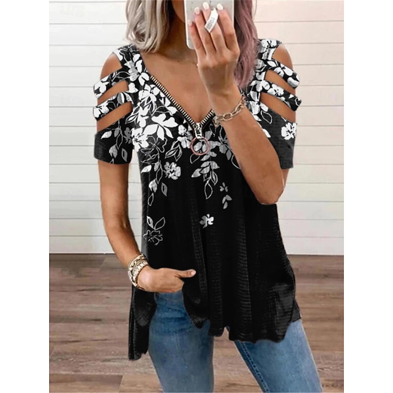 Women's Tunic Top Cold Shoulder Short Sleeve Galaxy Zip Front Asymmetrical Hem Casual Spring Fall Black White Loose Fit Clothing Apparel2