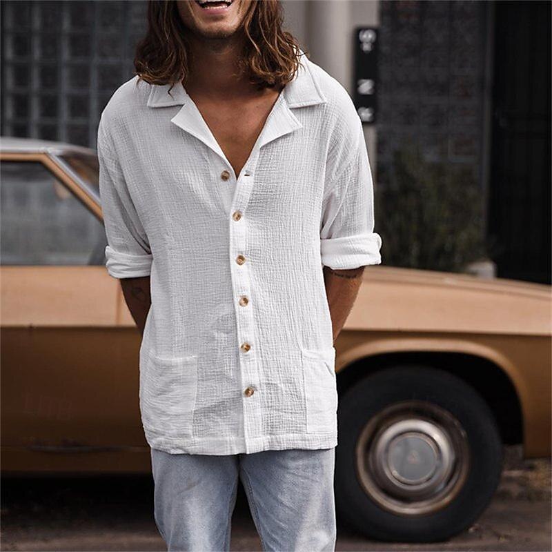 Men's Shirt Linen Shirt White Cotton Shirt Summer Shirt Beach Shirt Cotton Linen Shirt Plain Vacation Hawaiian White Long Sleeve Camp Collar Spring &  Fall Clothing Apparel Button-Down4