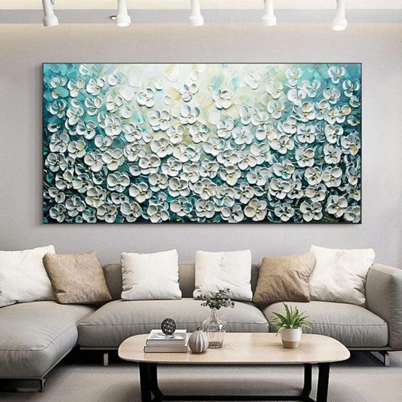 Blooming Flower oil painting handmade Landscape Art Minimalist White Cherry Blossom Canvas Oil Painting hand painted 3D Creamy Texture oil painting Wall Art Custom Plaster Style painting