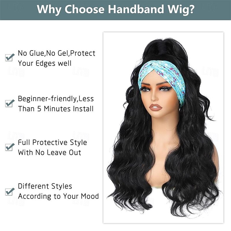 Black HeadBand Wigs for Women Long Wavy Headband Wigs 24inch Put On and Go Glueless Half Wig Loose Wave Synthetic Long Wigs for Women3