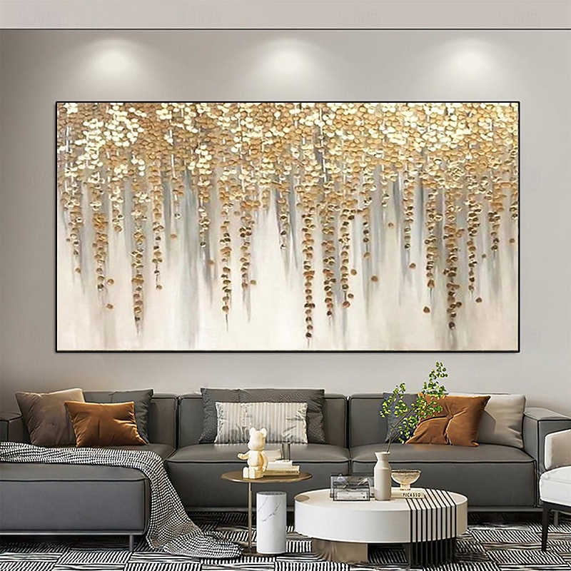 Hand painted knife gold flower Painting Gold Leaf painting Gold Foil flower Painting on Canvas Acrylic wall Painting for Living Room hotel Wall decoration Art Home Decor