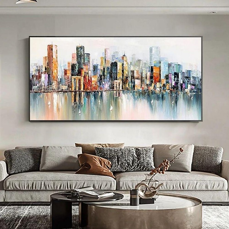 Handmade Oil Painting Canvas Wall Art Decoration Abstract City Architecture Streetscape Landscape for Home Decor Rolled Frameless Unstretched Painting - Main Image