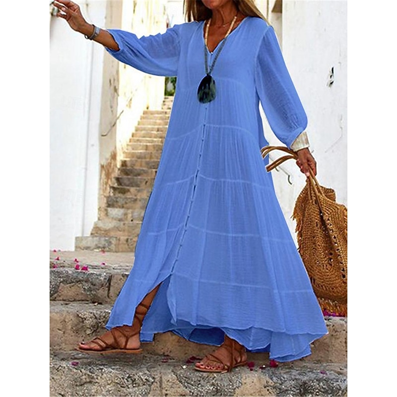 Women's White Yellow Blue Summer Spring Maxi long Dress Maxi Dress White Dress Shirt Dress Cotton Linen Dress Vacation Basic Modern Daily Weekend Loose Fit Plain V Neck 5