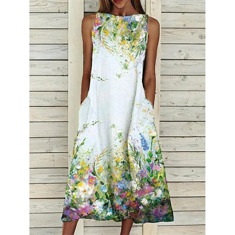 Women's Casual Dress Tank Dress Floral Pocket Print Crew Neck Midi Dress Vacation Sleeveless Summer2