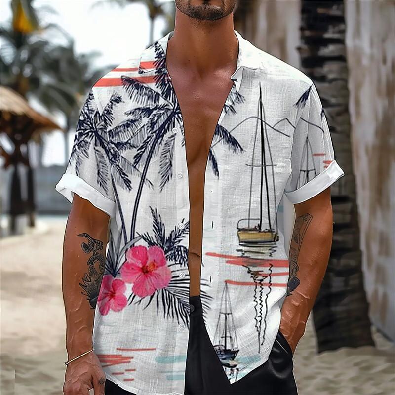 Men's Palm Tree Sailboat Tropical Plants Shirt Summer Hawaiian Shirt Aloha Shirt Short Sleeve Shirt Turndown Vacation Hawaiian Resort Style Outdoor Vacation Beach Black White S M L