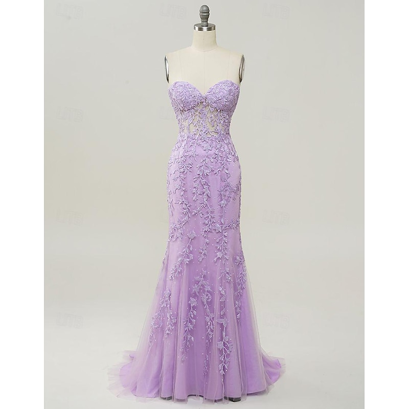 Mermaid Prom Dresses Glittering Dress Evening Party Sweep / Brush Train Sleeveless Strapless Lace Backless with Appliques3