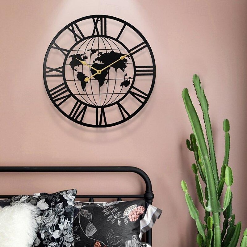 Wall Clock Iron Round Office Clock Creative Map Personality Mute Hanging Watch Nordic Living Room Clock Home Decor 60 cm2