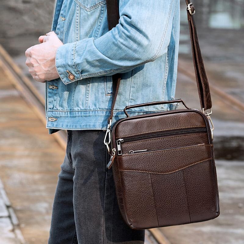 Men's Crossbody Bag Shoulder Bag Messenger Bag Leather Cowhide Outdoor Office Daily Zipper Large Capacity Durable Solid Color 7456 brown 7456 black Coffee2