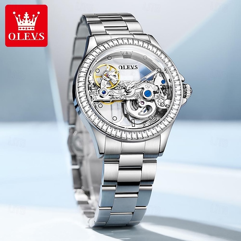 OLEVS Women Mechanical Watch Fashion Rhinestone Business Wristwatch Hollow Skeleton Waterproof Alloy Genuine Leather Watch2