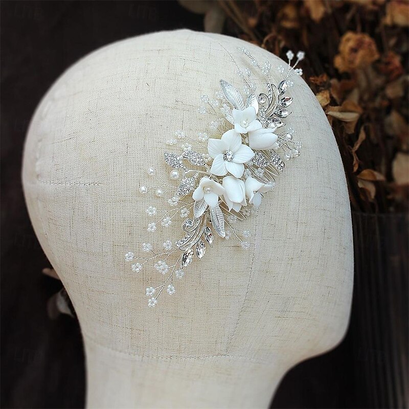 Bride Headwear Wedding Dress Ancient Style Hanfu Hair Comb Pearl Crystal Bead String White Headflower Ceramic Flower Comb4