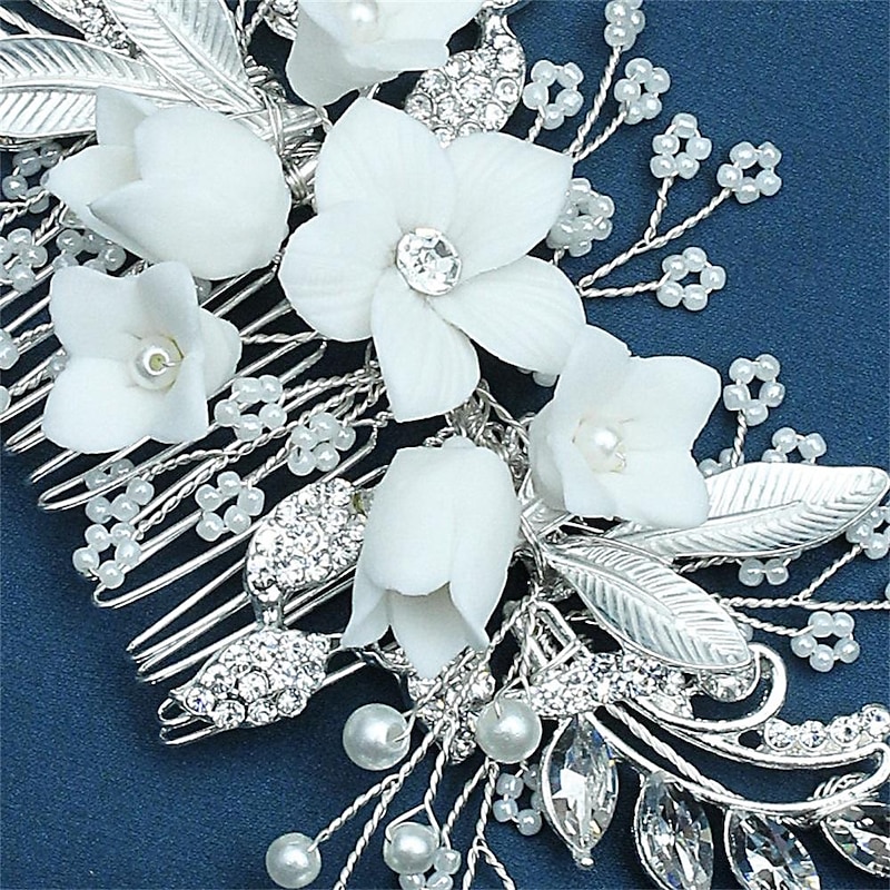 Bride Headwear Wedding Dress Ancient Style Hanfu Hair Comb Pearl Crystal Bead String White Headflower Ceramic Flower Comb3