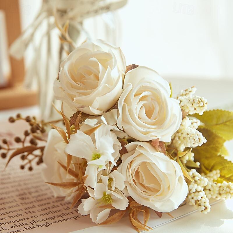 Simulated Flower 6 Forks Smoke And Rain Rose Home Decoration Artificial Flower Rose Silk Flower European Style Color Scheme Hotel Dining Table Flower Arrangement