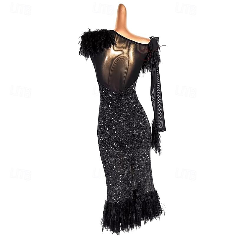 Latin Dance Ballroom Dance Dress Tassel Pure Color Splicing Women's Performance Training Long Sleeve Mesh Stretch Yarn2