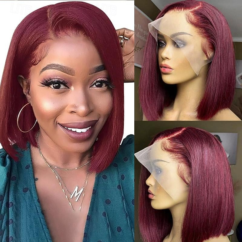 99J Burgundy Bob Lace Front Wigs Straight Hair 13x4 Short Bob Wigs 150% Density  for black women Short Human Hair4