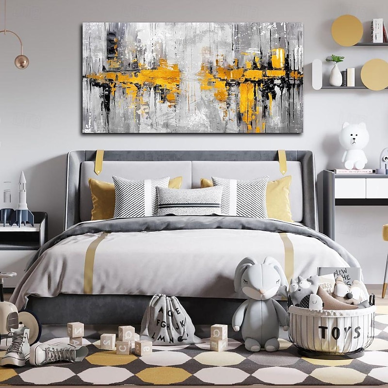 Handmade Oil Paintings Canvas Wall Art Decoration Modern Abstract Black White and Yellow for Home Hand-painted Decor Rolled Frameless Unstretched Painting2