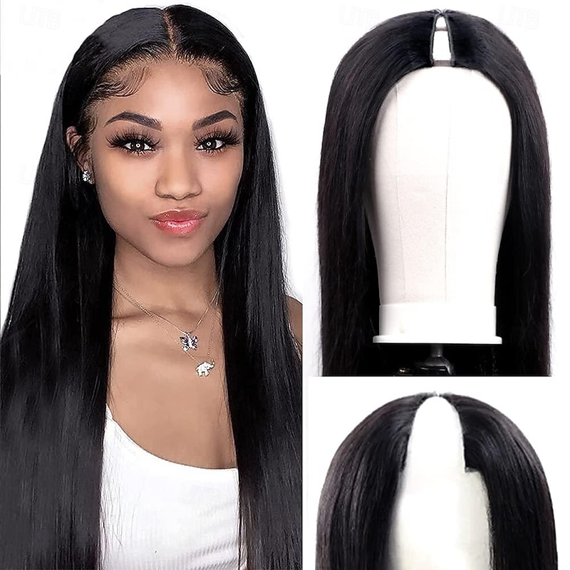 V Part Wigs Straight Brazilian Virgin Human Hair Wigs for Black Women Upgrade U Part Wigs  Full Head Clip In Half Wig V Shape Wigs No Leave Out Lace Front Wigs 180% Density Natural Color